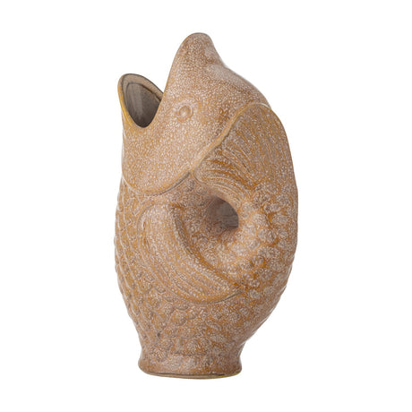 Harvey Fish Stoneware Vase in speckled brown, shaped as an upright fish with open mouth neck, raised scales, and curled tail forming a loop, on a plain white background.