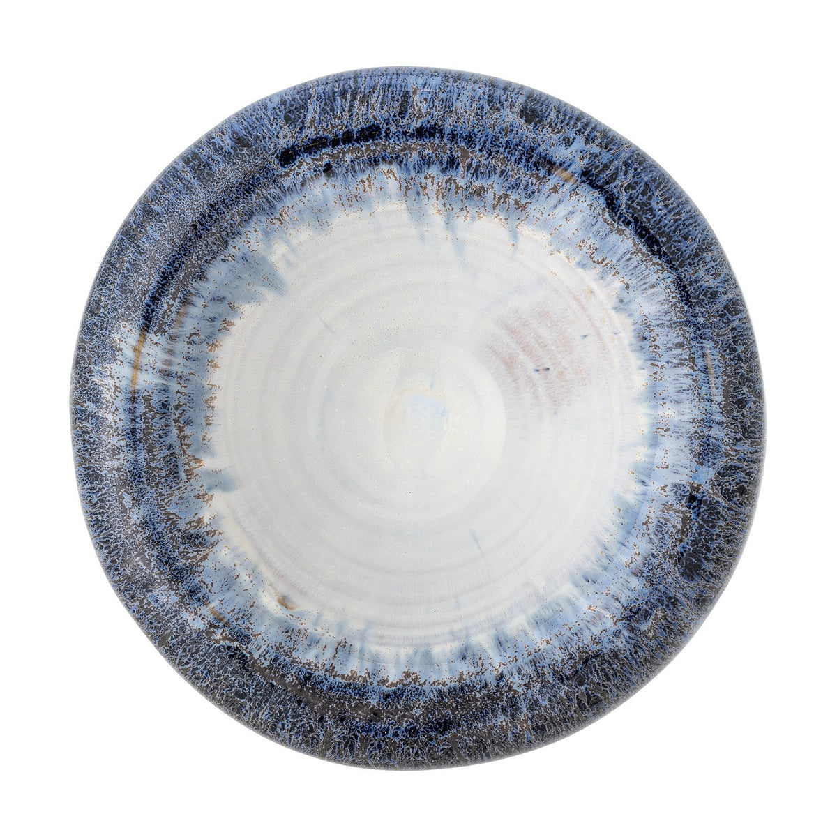 Finna Stoneware Bowl 17cm in Blue, round ceramic bowl with a thick rolled rim, reactive blue and white glazed finish, shown from above on a white background.
