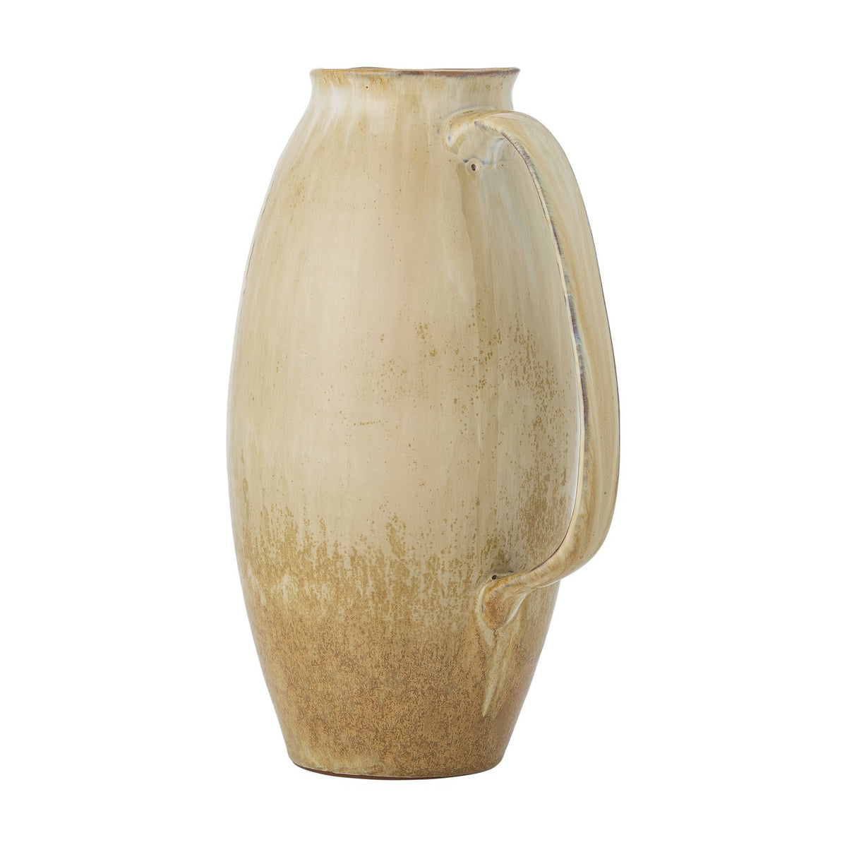Saskia Speckled Stoneware Vase 31.5cm in beige, jug-shaped with a looped handle, pinched rim, and speckled finish darkening towards the base, shown on a plain white background.