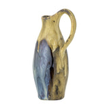 Jenkins Stoneware Vase 20cm, slender jug-shaped with tall arched handle and pinched lip, multicoloured glaze dripping from neck to body, on a plain white background.