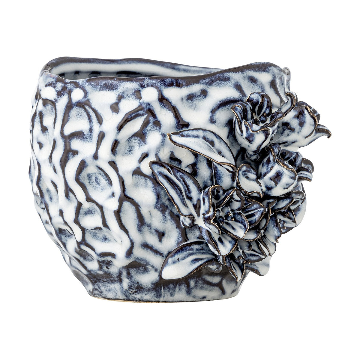 Malina Floral Stoneware Plant Pot in blue, with a rippled, crinkled texture and raised floral and leaf relief on one side, shown on a plain white background.