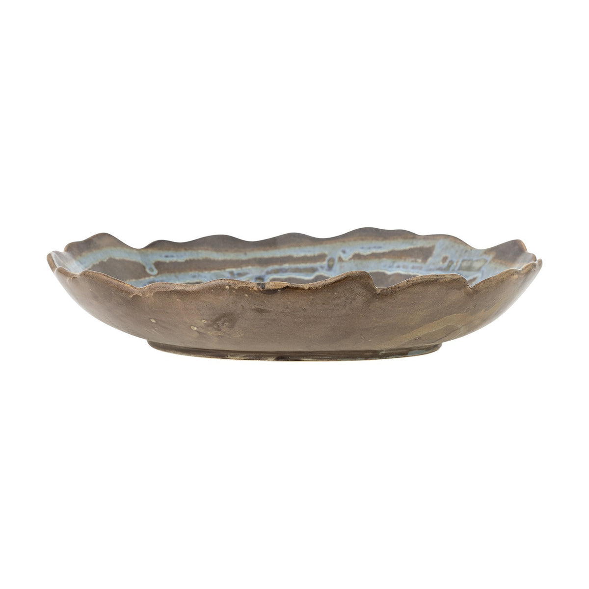 Marjorie Round Stoneware Tray in brown, a shallow serving dish with a scalloped wavy rim and blue-tinged glazed interior, shown on a plain white background.