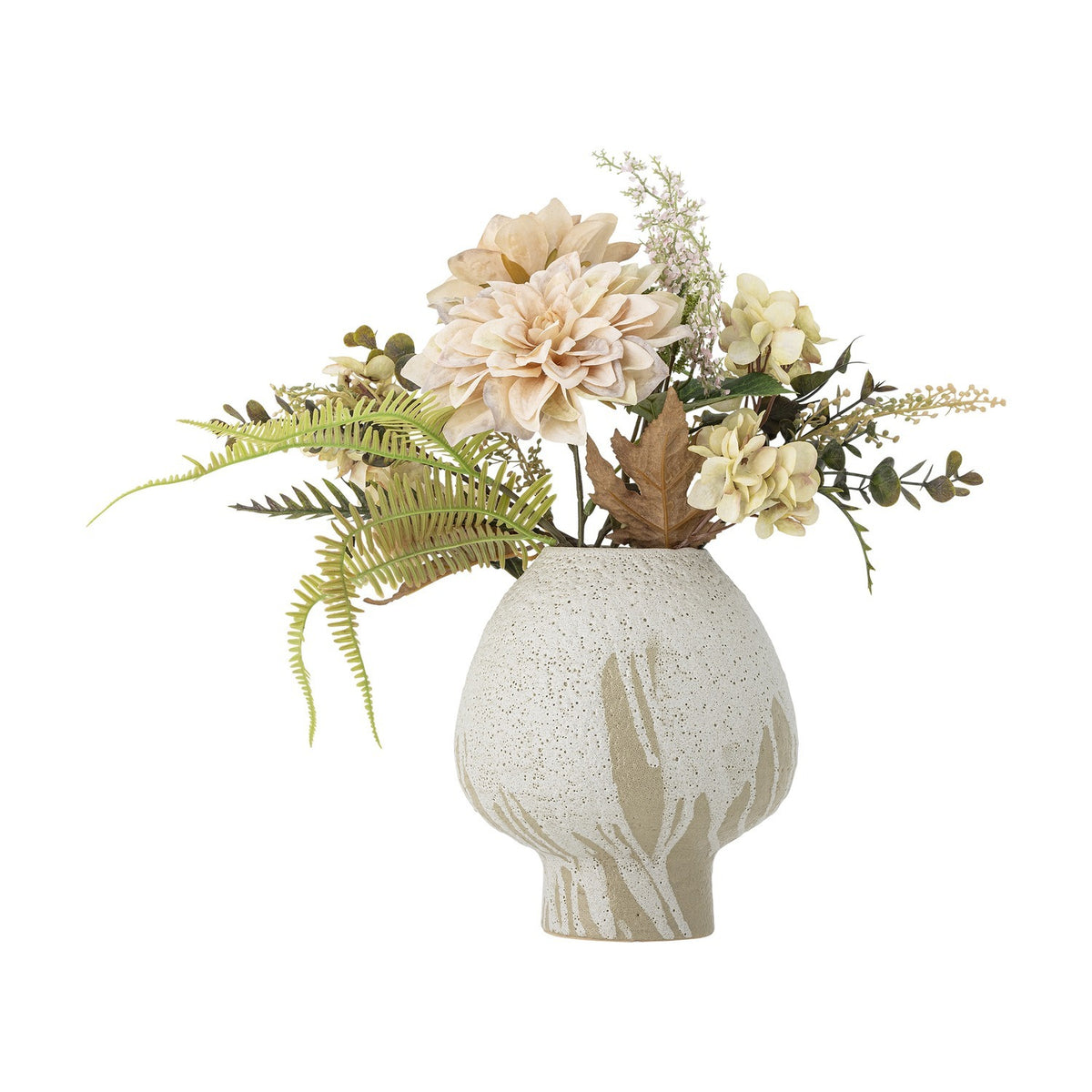 Glow Artificial Bouquet in cream, featuring a large dahlia-style bloom, hydrangea florets, fern fronds and eucalyptus-style sprigs in a speckled stoneware vase on a plain white background.
