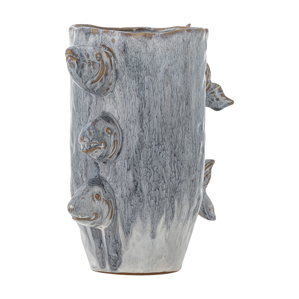 Tace Stoneware Vase 23cm in blue, cylindrical with tapered base, textured glaze and three sculpted fish heads with tails emerging on the side, shown on a plain white background.