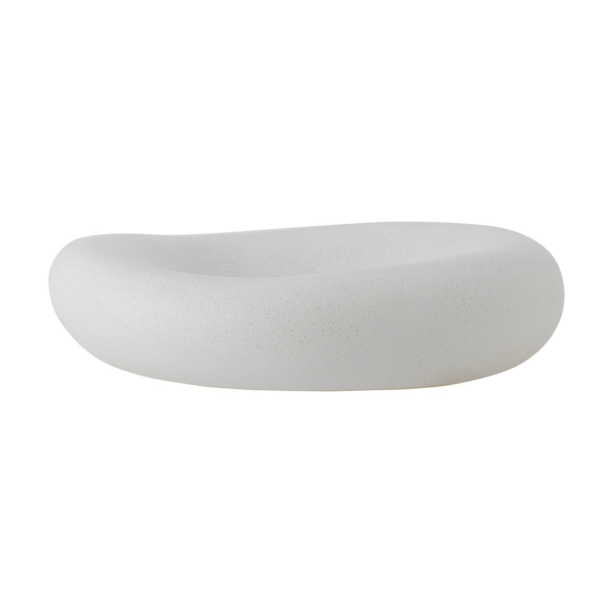 Audra Pebble Stoneware Bowl 30cm in White, a wide, low bowl with a soft pebble-like outline and speckled glaze finish, shown on a plain white background.