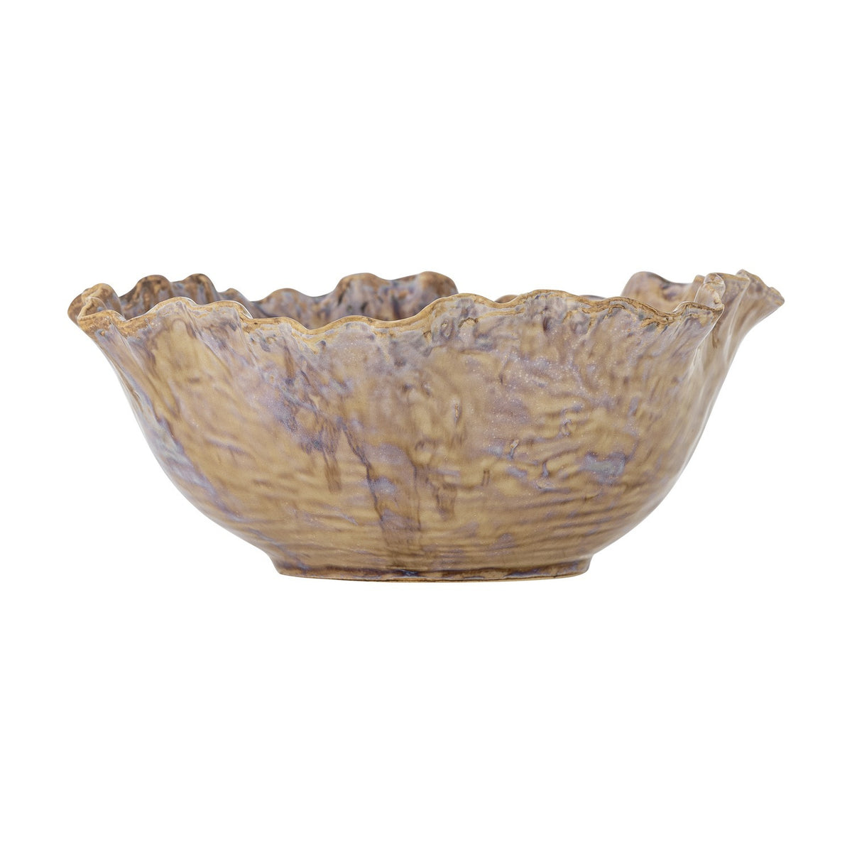 Nash Stoneware Bowl 24.5cm in brown, a ceramic bowl with a wavy, ruffled rim and rippled textured walls in a glossy earthy finish, shown on a plain white background.