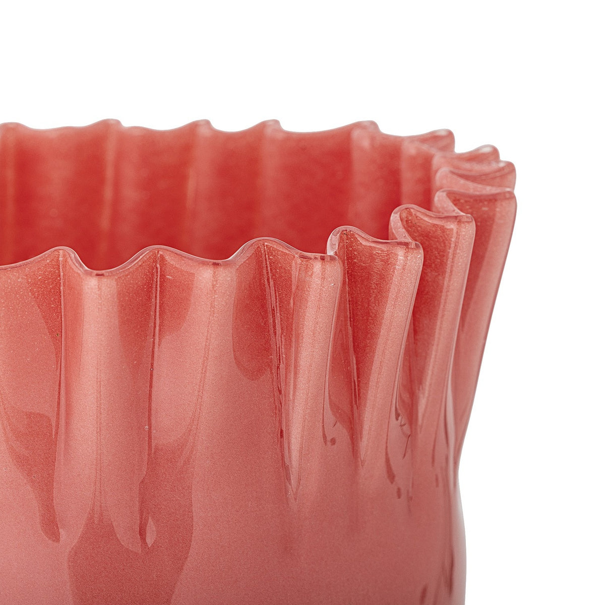 Close-up of the Janine Fluted Glass Vase 30cm in pink, showing deep, wavy frilled flutes around the rim in glossy mouthblown glass against a white background.