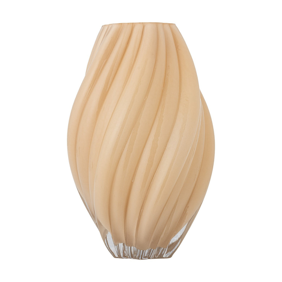 Kanji Glass Vase 30cm in beige with spiralling fluted ribs and a bud-shaped silhouette, clear glass base, shown on a plain white background.