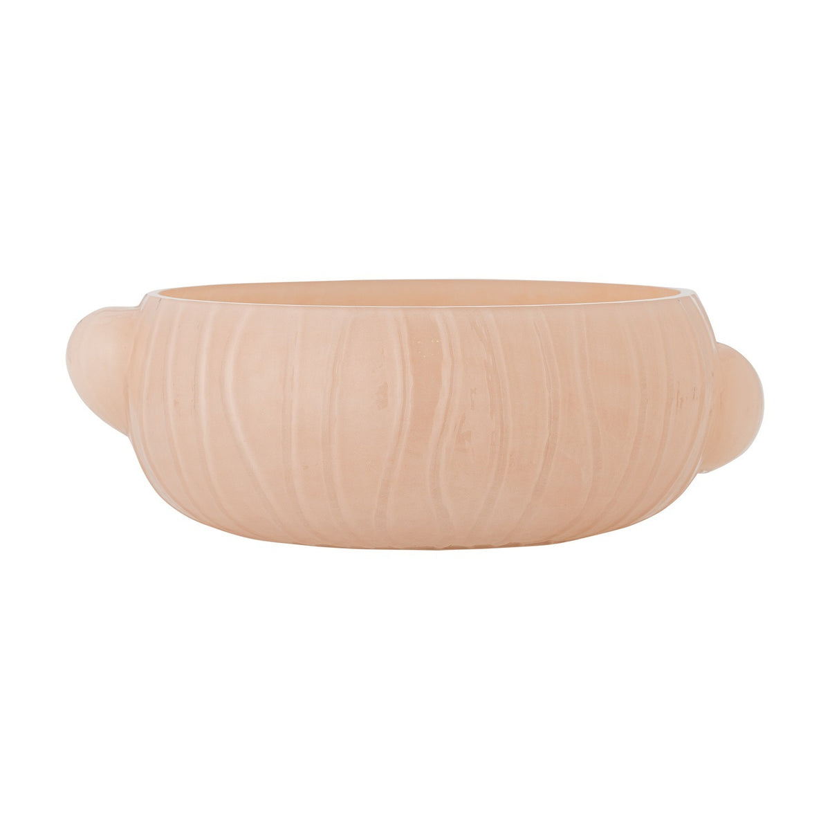Lalie Ribbed Glass Bowl in pink, 20x12.5cm, with wavy ribbed texture on the outer wall and two rounded side lugs, shown on a plain white background.