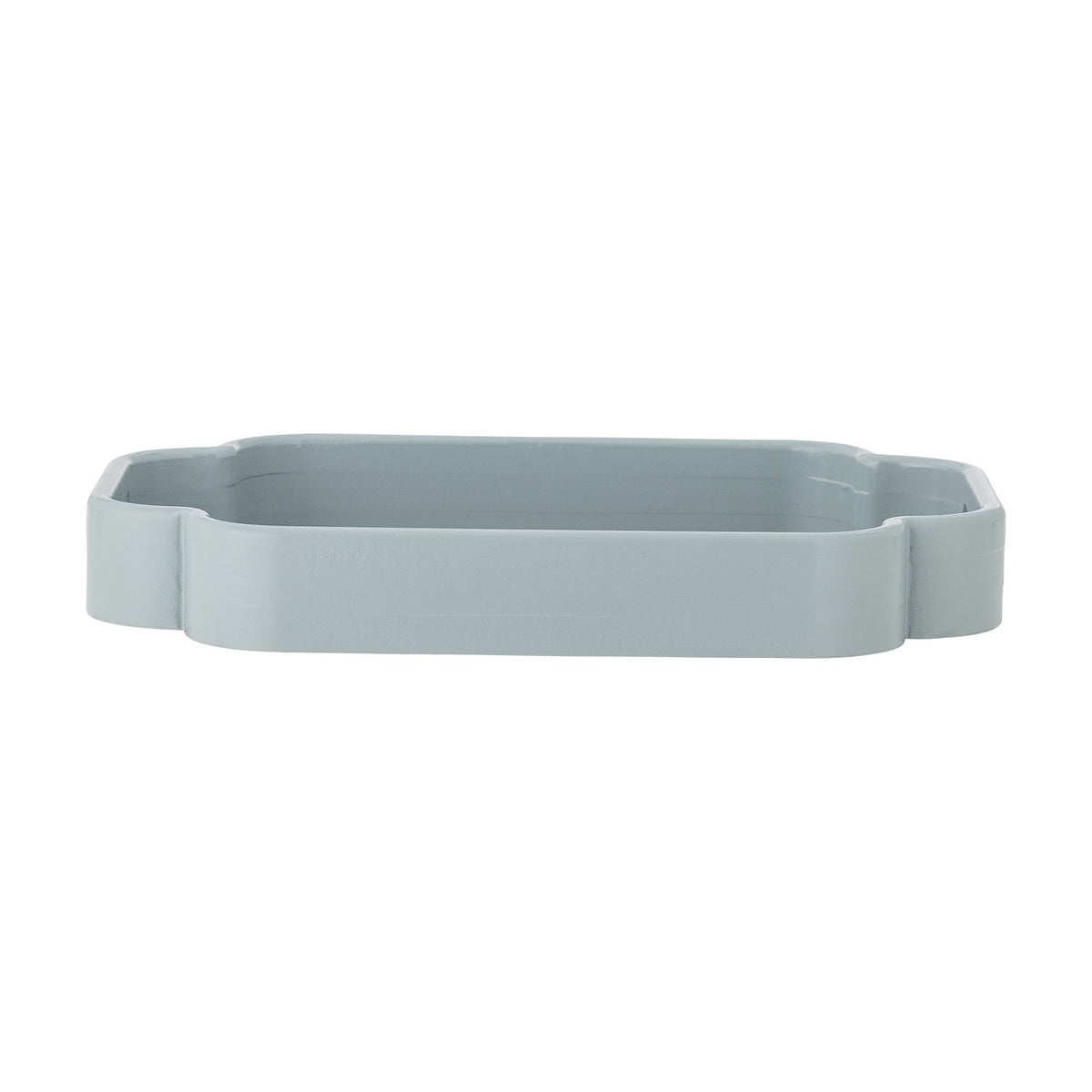 Meggie Tray in blue MDF, rectangular with softly curved stepped corners and a raised rim, shown empty on a plain white background.