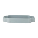 Meggie Tray in blue MDF, rectangular with softly curved stepped corners and a raised rim, shown empty on a plain white background.