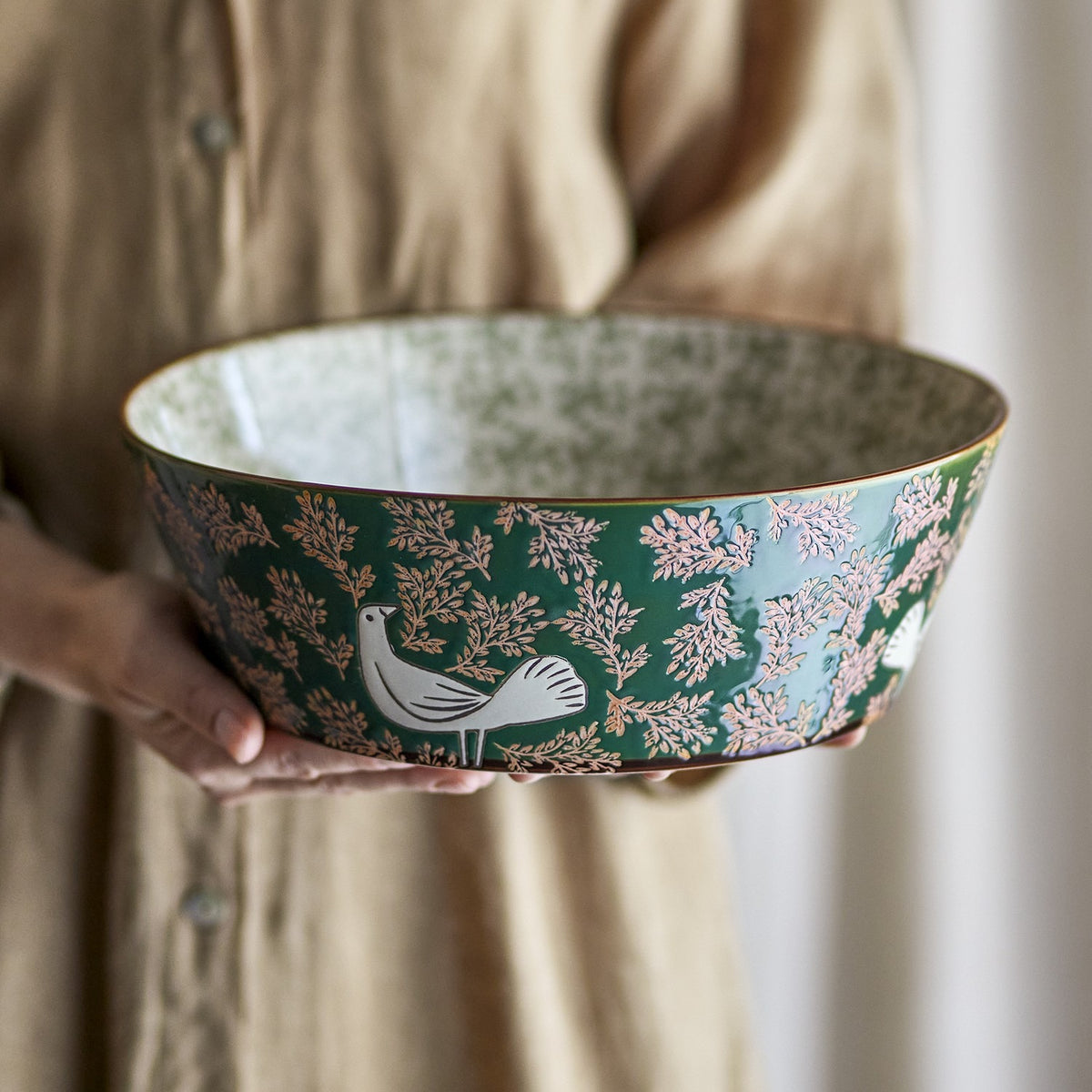 Hezha Floral Stoneware Bowl 28cm - Green