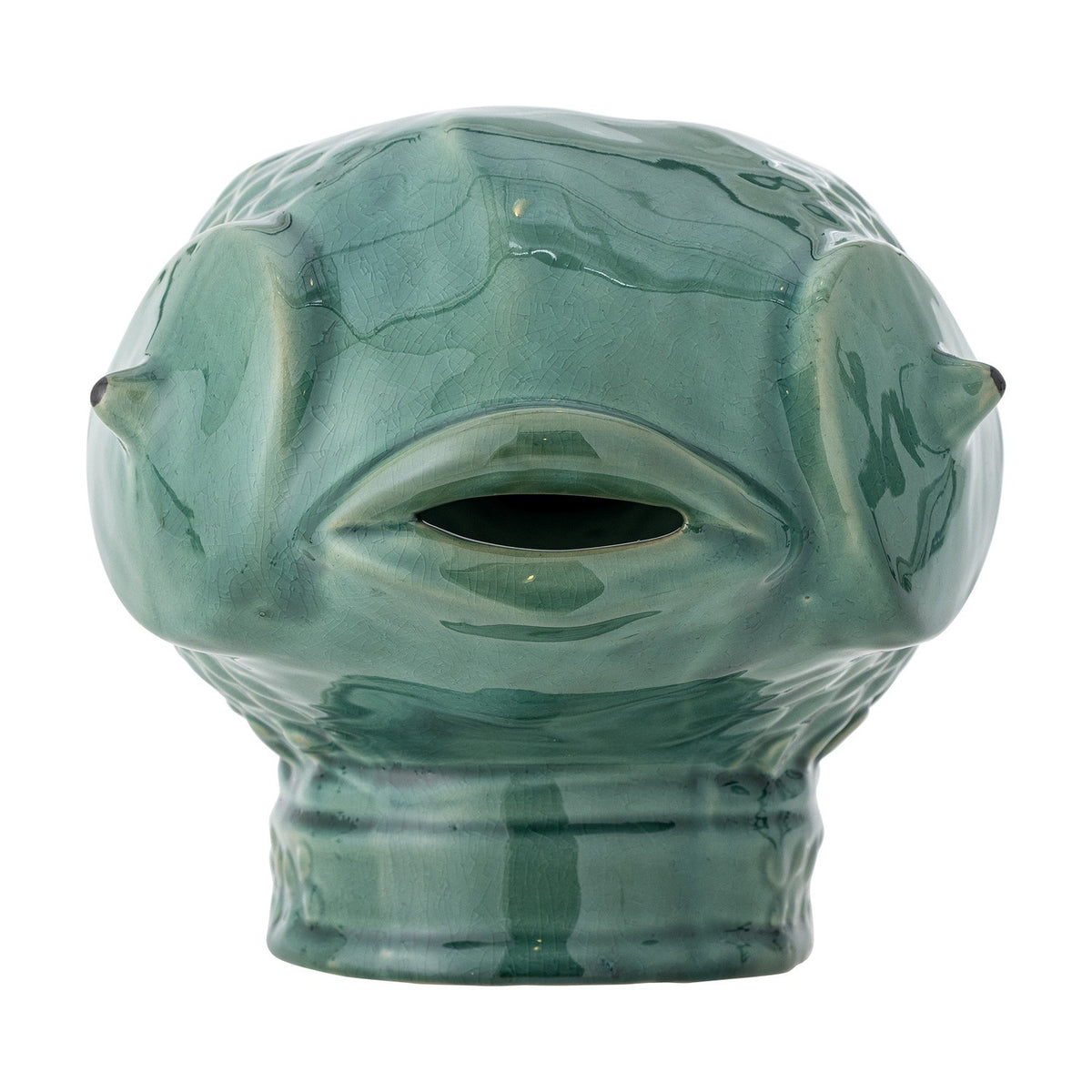 Hiro Fish Stoneware Plant Pot in green reactive glaze, front view showing raised scale texture, full lips, open mouth, and gilled sides, on a plain white background.