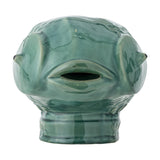 Hiro Fish Stoneware Plant Pot in green reactive glaze, front view showing raised scale texture, full lips, open mouth, and gilled sides, on a plain white background.