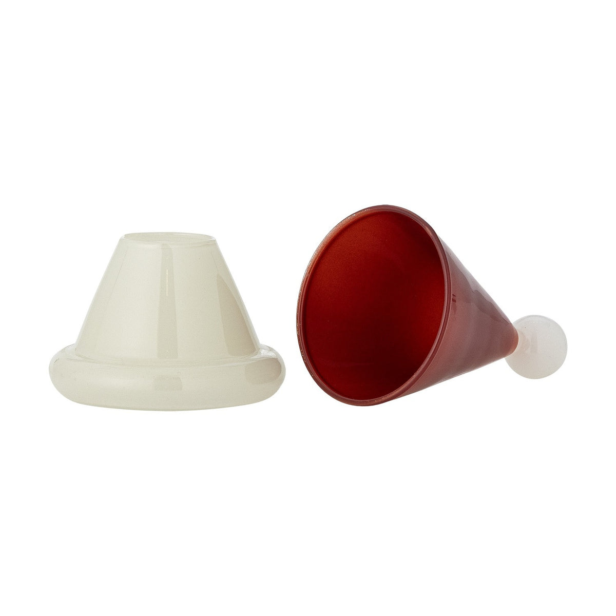 Red glass Christmas toothpick holder shaped like a Father Christmas hat, with a cream brimmed base and glossy red cone lid topped with a round bobble, shown on a white background.