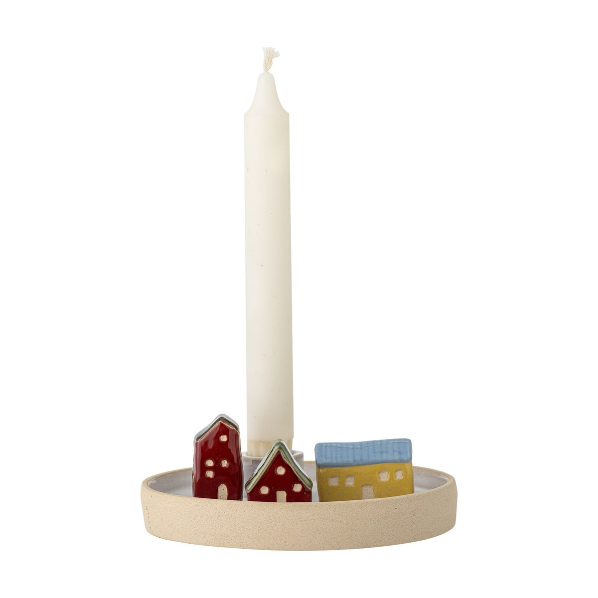 Coze Round Stoneware Candle Holder featuring a shallow ceramic base with red, yellow, and blue miniature houses beside a tall white taper candle, on a white background.