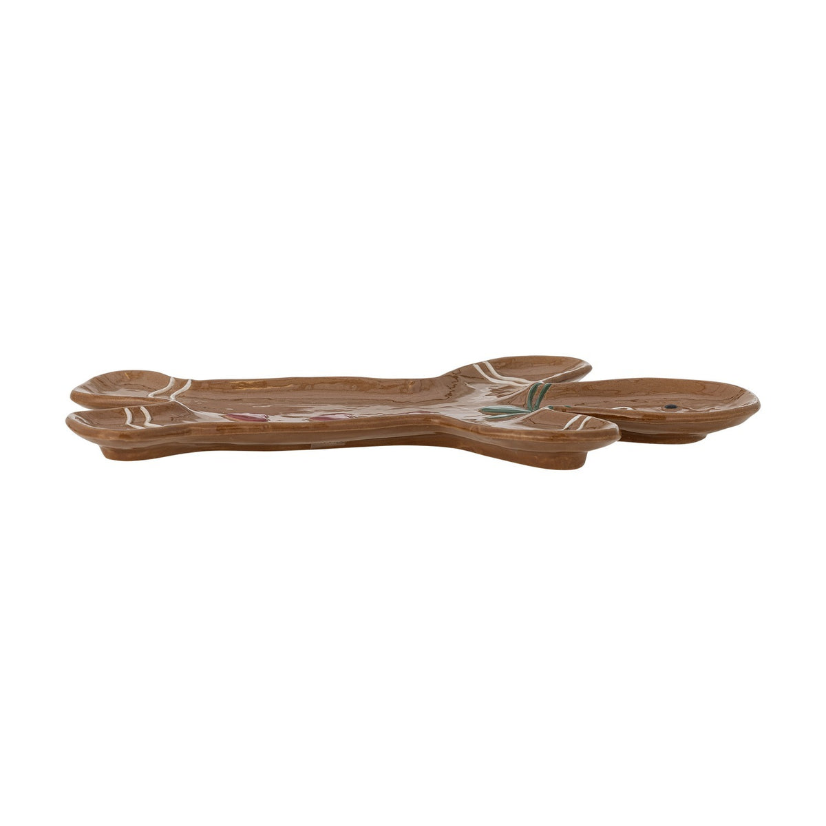 Ginnie Gingerbread Man stoneware Christmas platter in glossy brown glaze, shaped like a gingerbread figure with painted icing details, shown on a plain white background.