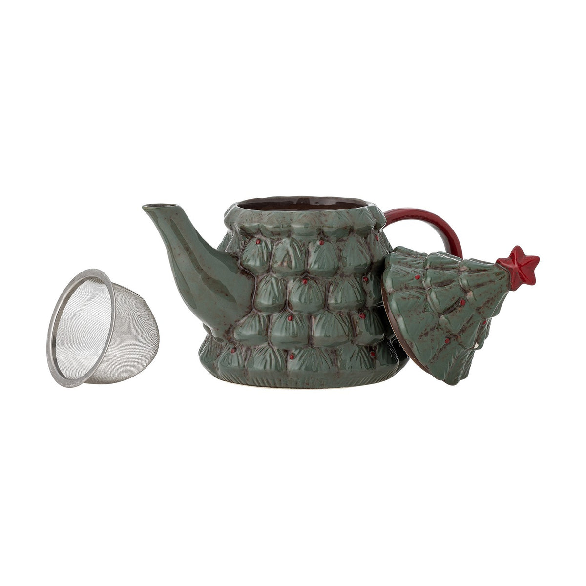 Elvion Christmas Tree Teapot in green ceramic with tiered branch texture, red handle and star-topped lid, shown open beside its stainless steel mesh strainer on a white background.
