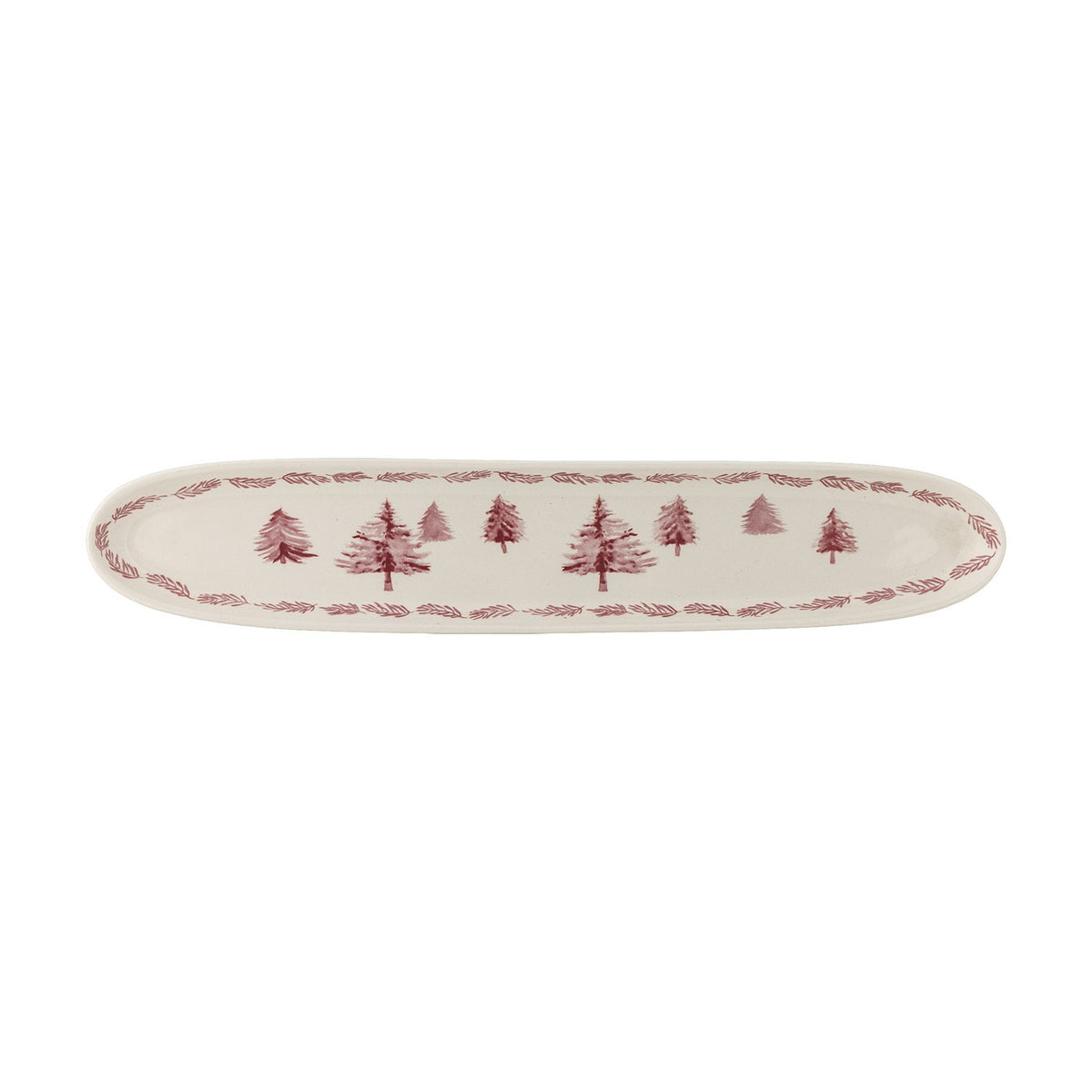 Wonderland Stoneware Christmas Platter in cream, a long narrow oval tray with rounded ends, decorated with a row of pine trees and a branch-patterned border, shown on a plain white background.