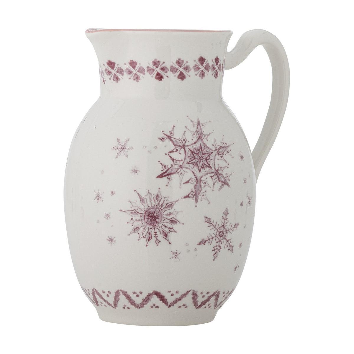 White stoneware Christmas jug with pouring lip and looped handle, featuring maroon snowflake motifs and patterned borders, shown on a plain white background.