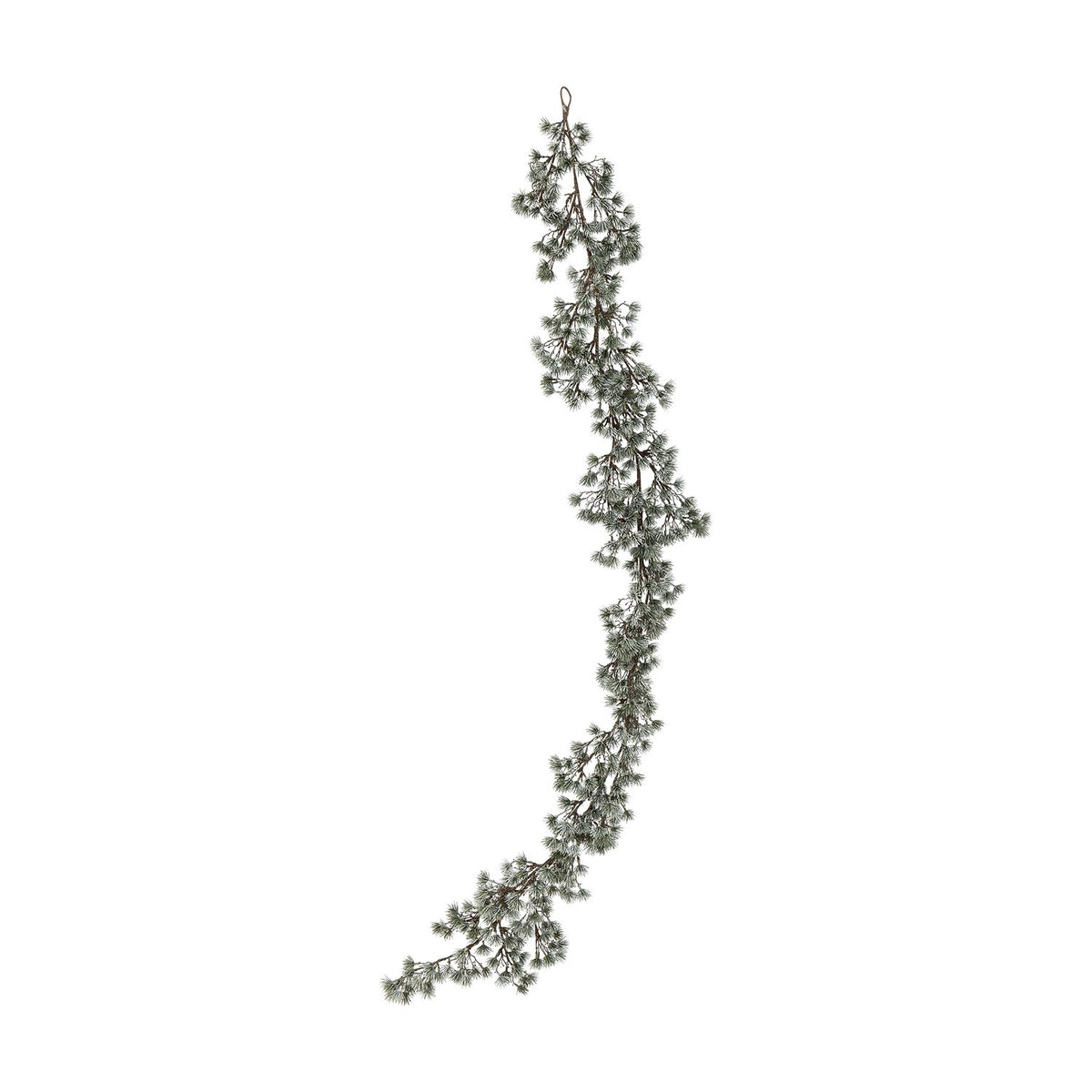 Artificial cedar Christmas garland with frosted green needle clusters trailing along a curved central stem, shown against a plain white background.