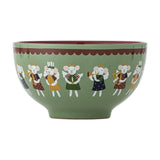 Green stoneware Christmas bowl, 13cm, with a printed band of angel mice playing trumpets and harps below a scalloped border, dark red glazed interior, on a plain white background.