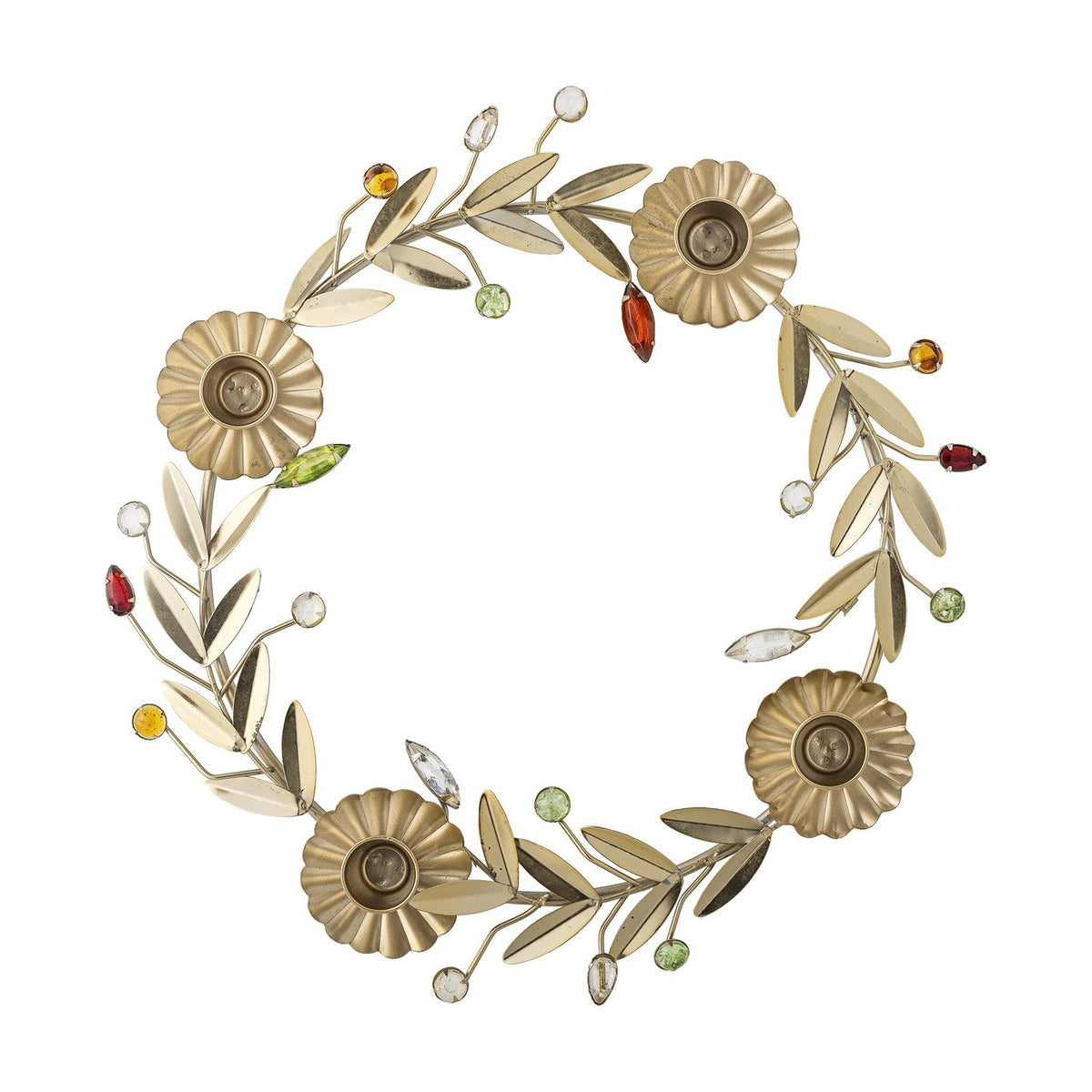 Gold iron wreath Advent candle holder with four flower-shaped candle cups, slender leaf sprigs, and faceted coloured bead accents, shown on a plain white background.