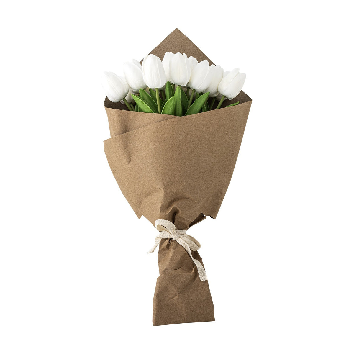 Artificial white tulip bouquet with closed petals and green stems wrapped in brown paper, tied with a woven ribbon bow, on a plain white background.