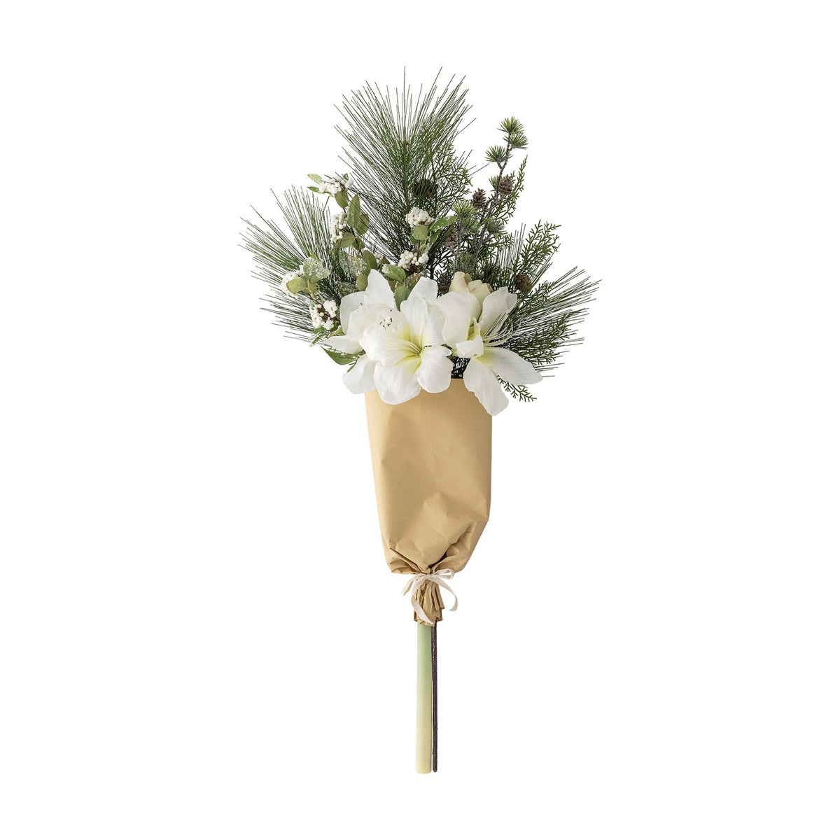 Kristin Artificial Christmas Bouquet in white, with trumpet-shaped blooms, pine needles, small cones and berries wrapped in kraft paper with a twine tie, on a plain white background.