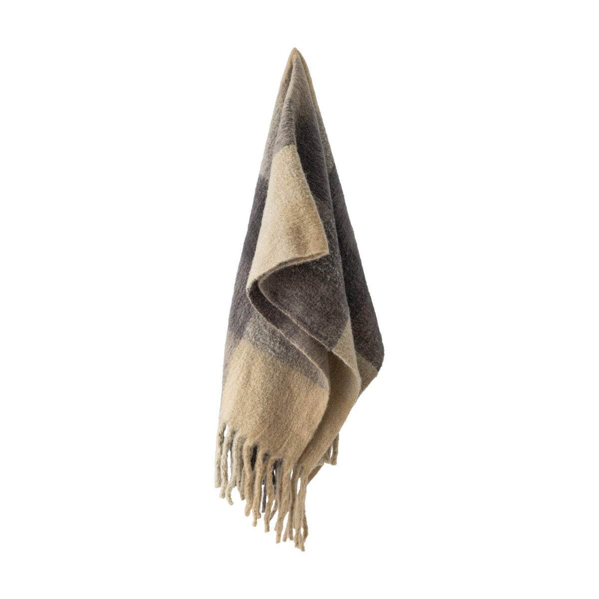 Hamisha Grey Throw in a multicoloured block check with fuzzy woven texture and long fringed ends, draped against a plain white background.