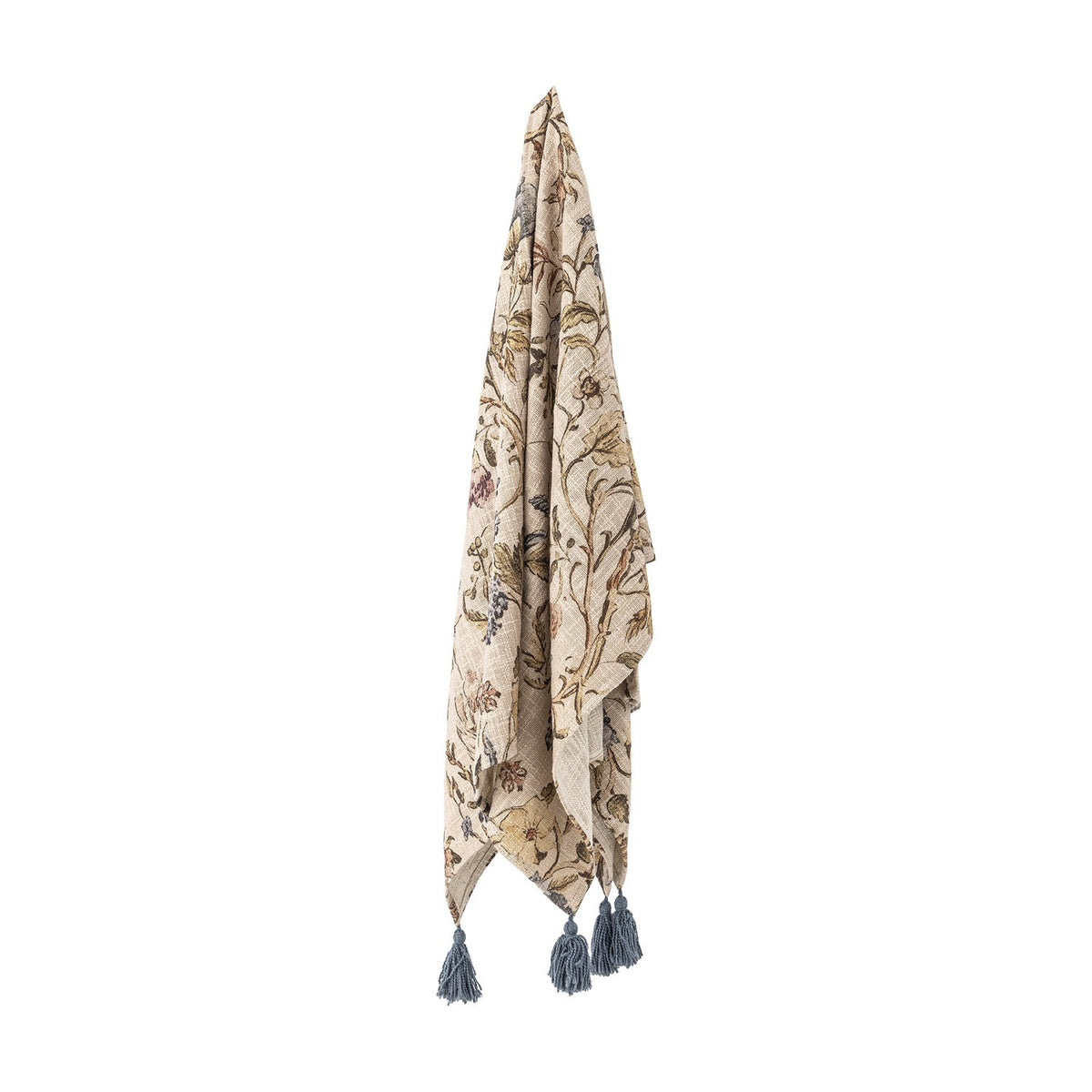 Yoti Floral Cotton Throw in multicoloured, hanging to show an all-over trailing floral print with grey tassels at each corner, against a plain white background.