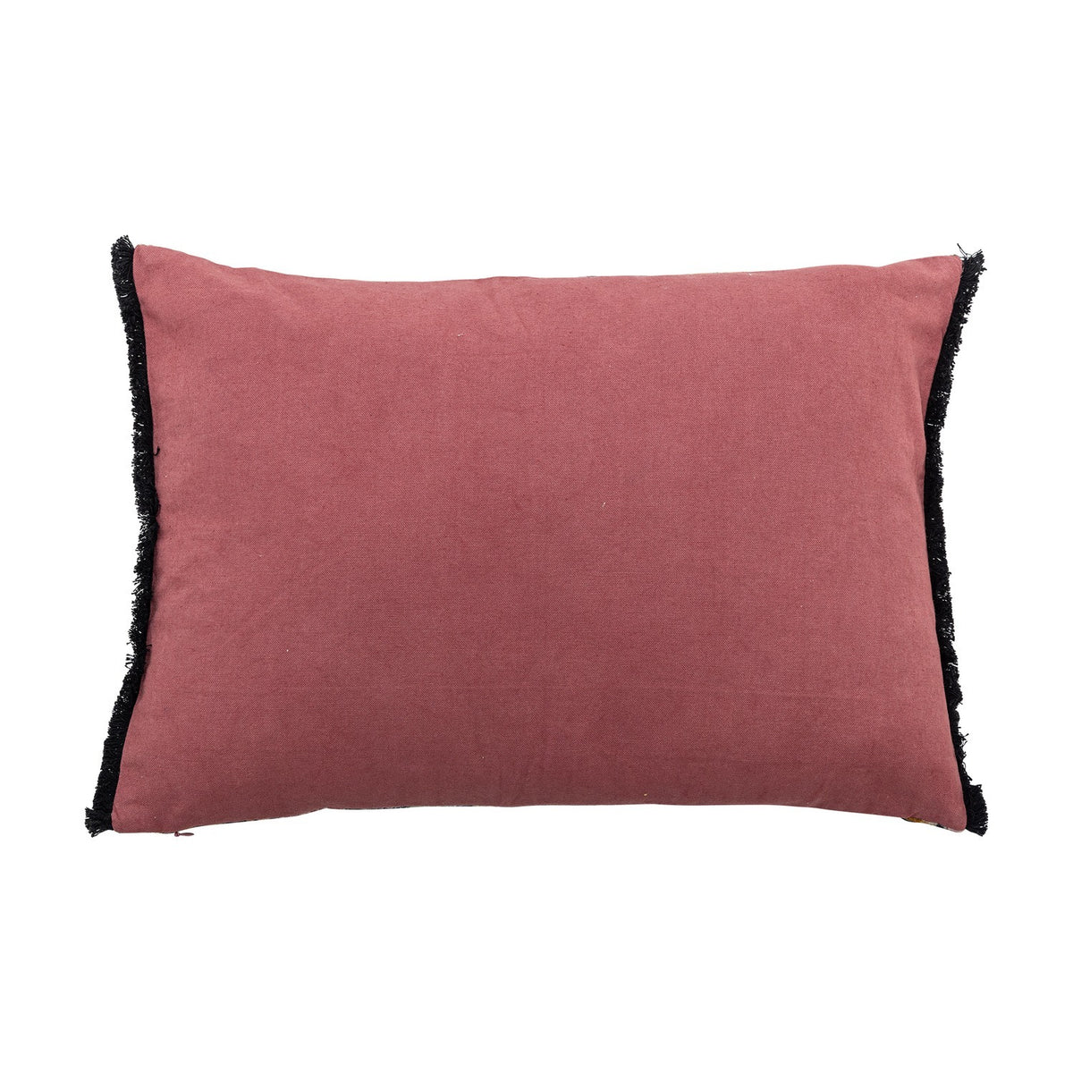 Lester Cotton Cushion - Multi, rectangular lumbar cushion shown reverse side in plain dusty rose cotton fabric with black fringe trim edging, on a white background.