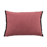 Lester Cotton Cushion - Multi, rectangular lumbar cushion shown reverse side in plain dusty rose cotton fabric with black fringe trim edging, on a white background.