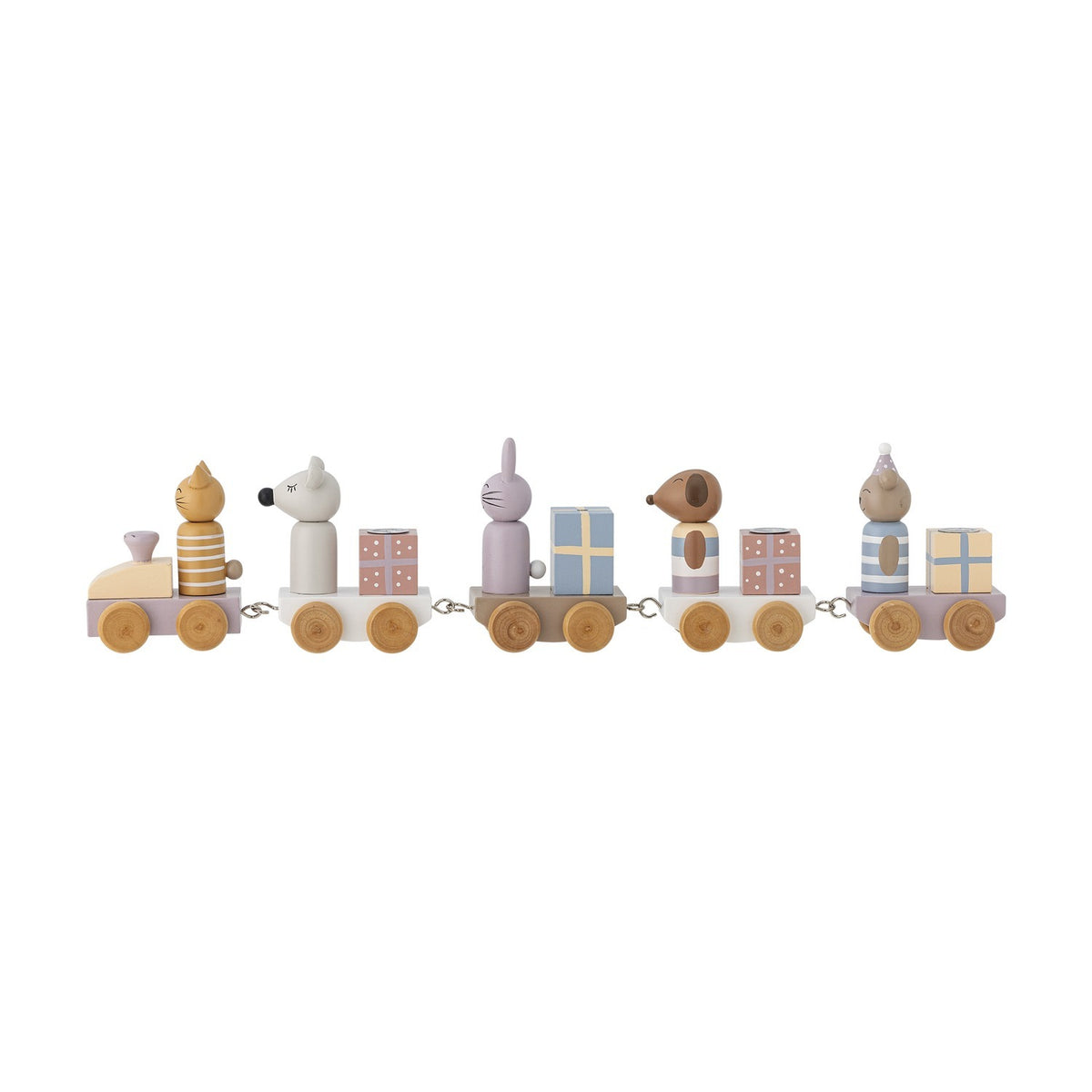 Junaid Cat Birthday Decoration wooden train with engine and four wagons carrying animal figures and wrapped parcels, multicoloured MDF finish on unpainted wheels, shown on a plain white background.