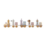 Junaid Cat Birthday Decoration wooden train with engine and four wagons carrying animal figures and wrapped parcels, multicoloured MDF finish on unpainted wheels, shown on a plain white background.