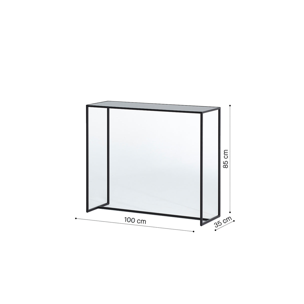 Dimension drawing of the mirrored glass console table, marked 100cm wide by 85cm high and 35cm deep.
