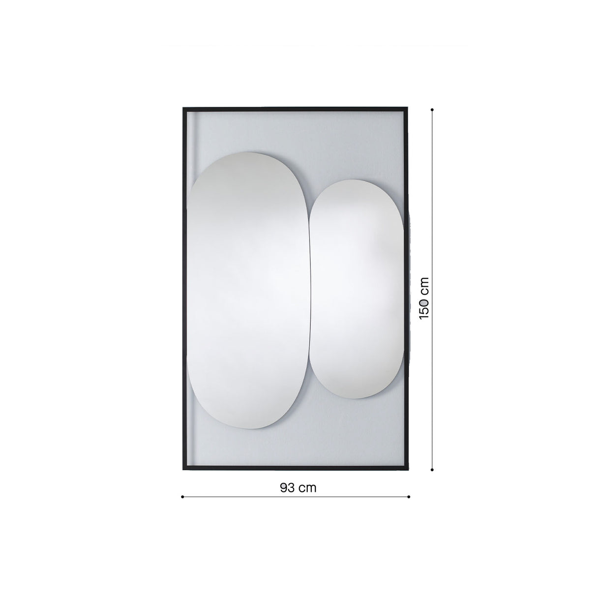 Dimension drawing of the rectangular printed glass mirror, marked 93cm wide by 150cm high with a depth of 2.5cm.
