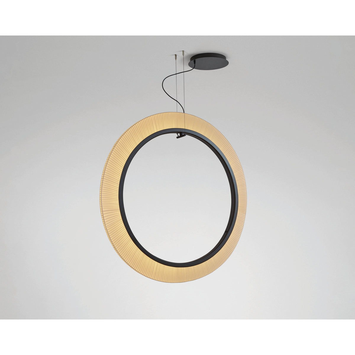 Roda S/120/V ring pendant light with pleated white translucent ribbon shade around a black inner ring, integrated LED, on a ceiling cable against a plain white background.