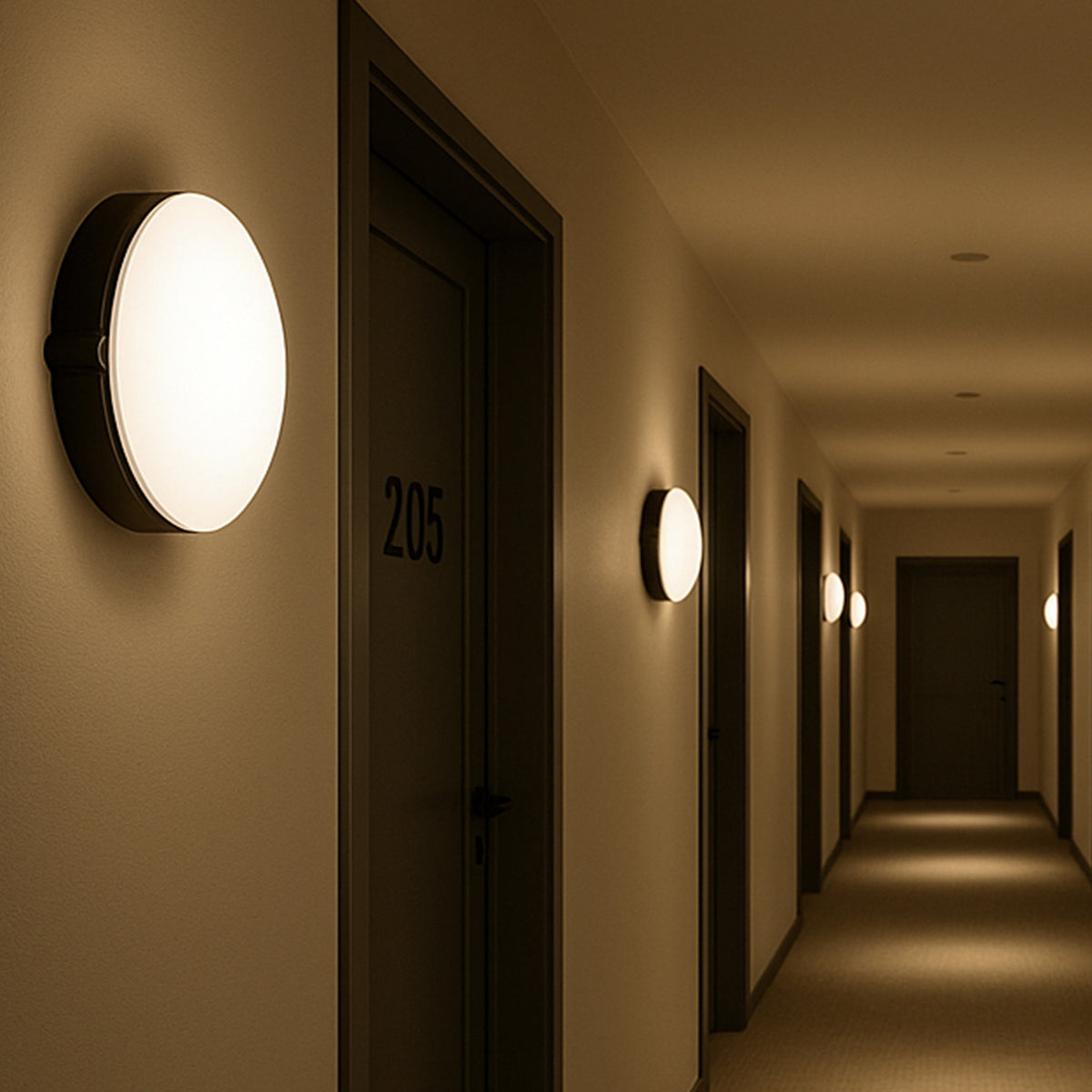 Beaded C Glass LED Ceiling Light with round opal white diffuser and slim black band, illuminated in a hotel corridor beside guest room doors.