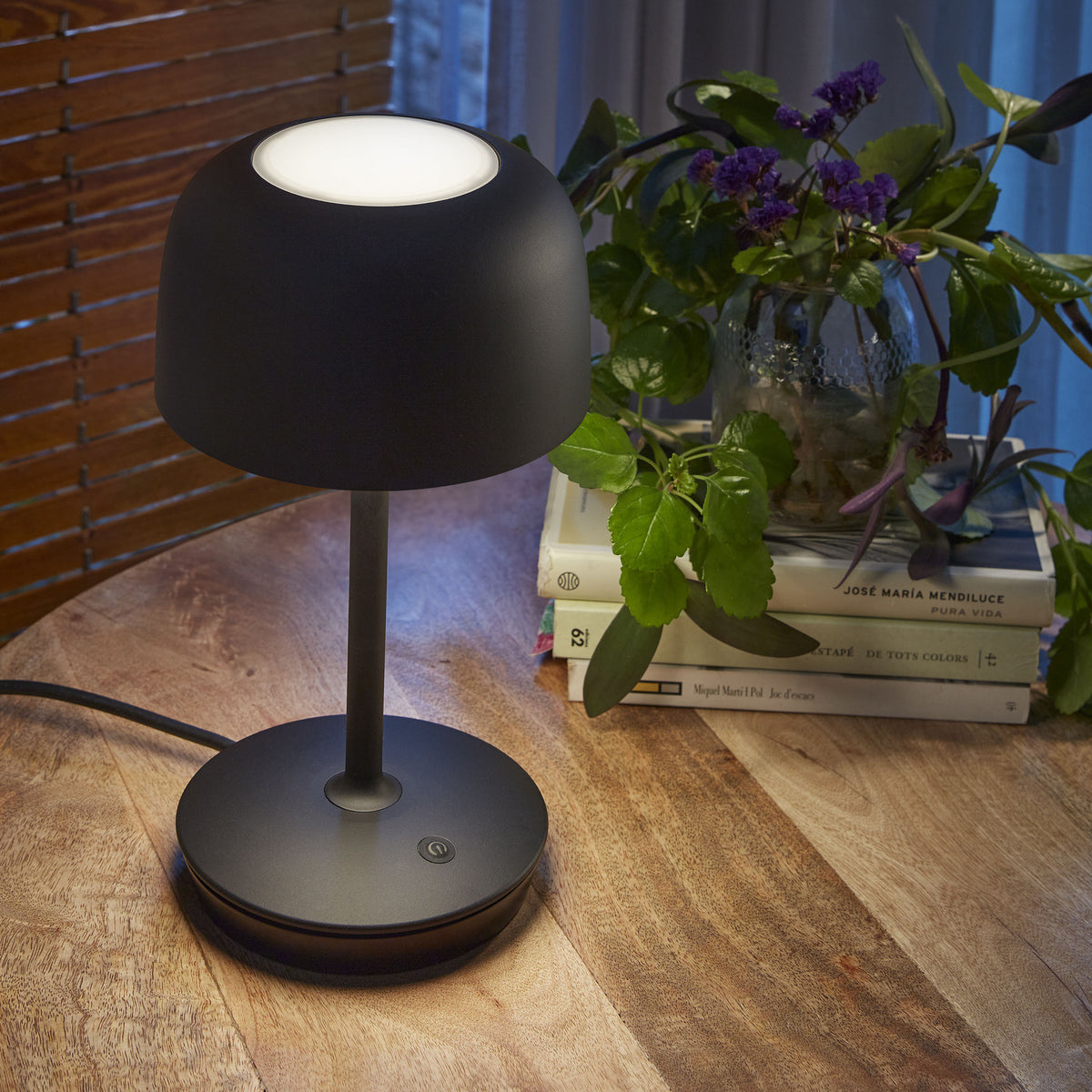 Bol M/37 Dome LED Table Lamp in matte black, with rounded dome shade, slim stem and round base with touch control, shown on a wooden table beside books and a plant.