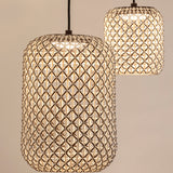 Nans S/31.2 woven LED outdoor pendant lights in beige, showing two tall lantern shades with open lattice fabric weave and visible integrated bulb glow.