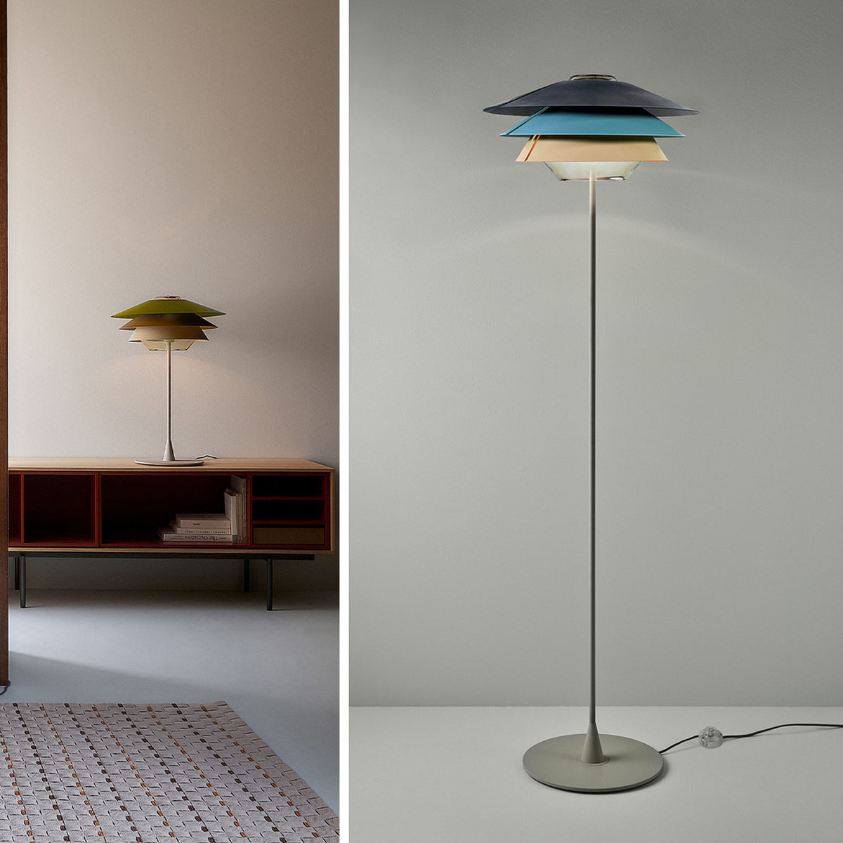 Overlay F Glass Tiered Floor Lamp with grey, blue and beige layered shades on a slim stem and round grey base, shown beside a matching table lamp in a living room setting.
