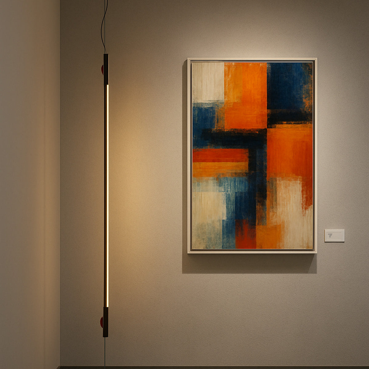 BIMU SV150 slender vertical LED pendant light in black metal finish, mounted beside an abstract orange and blue framed artwork on a grey wall.