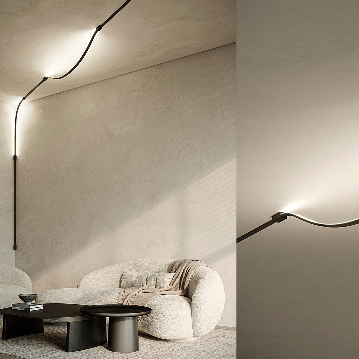 Matt Black Bow Wall 300 lighting accessory, a slim curved line with two fixing boxes, mounted along a ceiling and wall above a sofa, with a close-up of the illuminated curve against a plain wall.