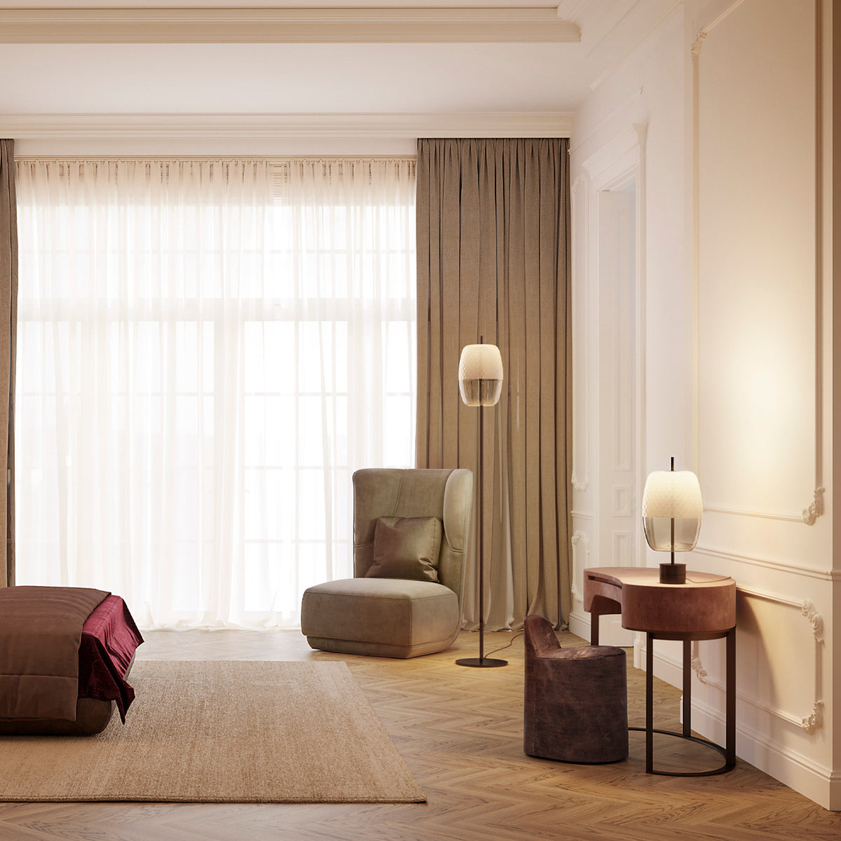 Adamas Smoke Grey Glass LED Floor Lamp with slim black stem and round base, faceted honeycomb shade, shown beside an armchair in a living room setting.