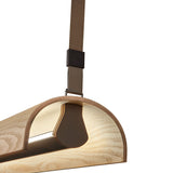 Close-up of the Aluet S/100 wood LED pendant light, showing its half-round Beige & Ash Wood shade, integrated LED strip, and brown cotton strap suspension detail on a white background.