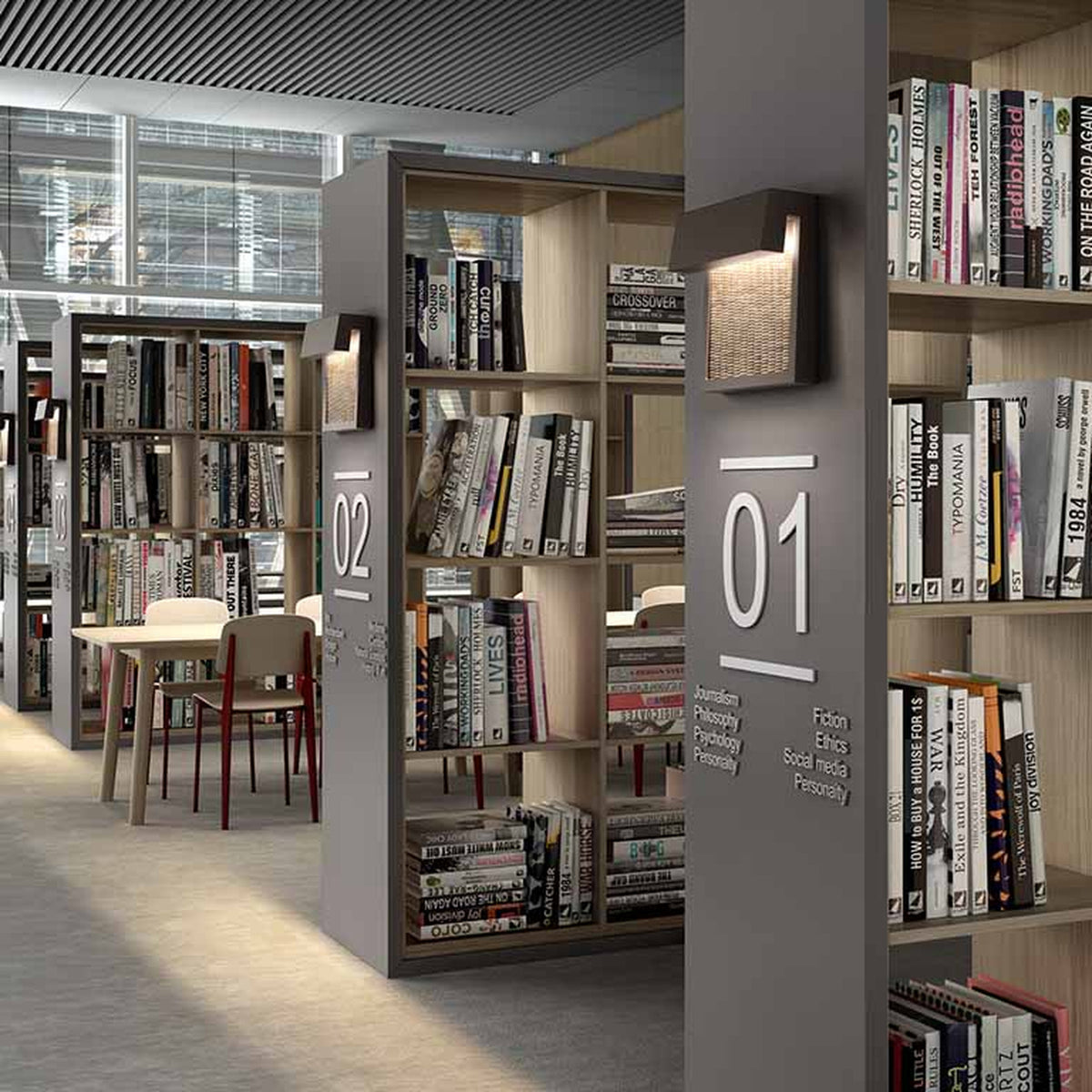 Sisal A/01 LED outdoor wall light with woven brown fibre front panel in a slim square frame, shown mounted on a library pillar alongside shelving.