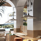 Nans 55 A/98 plug-in wall lights with long brown arms and wide woven cone shades, shown mounted beneath an arched ceiling in a coastal-style outdoor lounge.