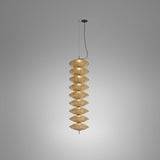 Yuyun S/9L pendant light with nine stacked woven cotton thread shades in satin beige, aluminium and steel frame, integrated LED, shown on a plain grey background.