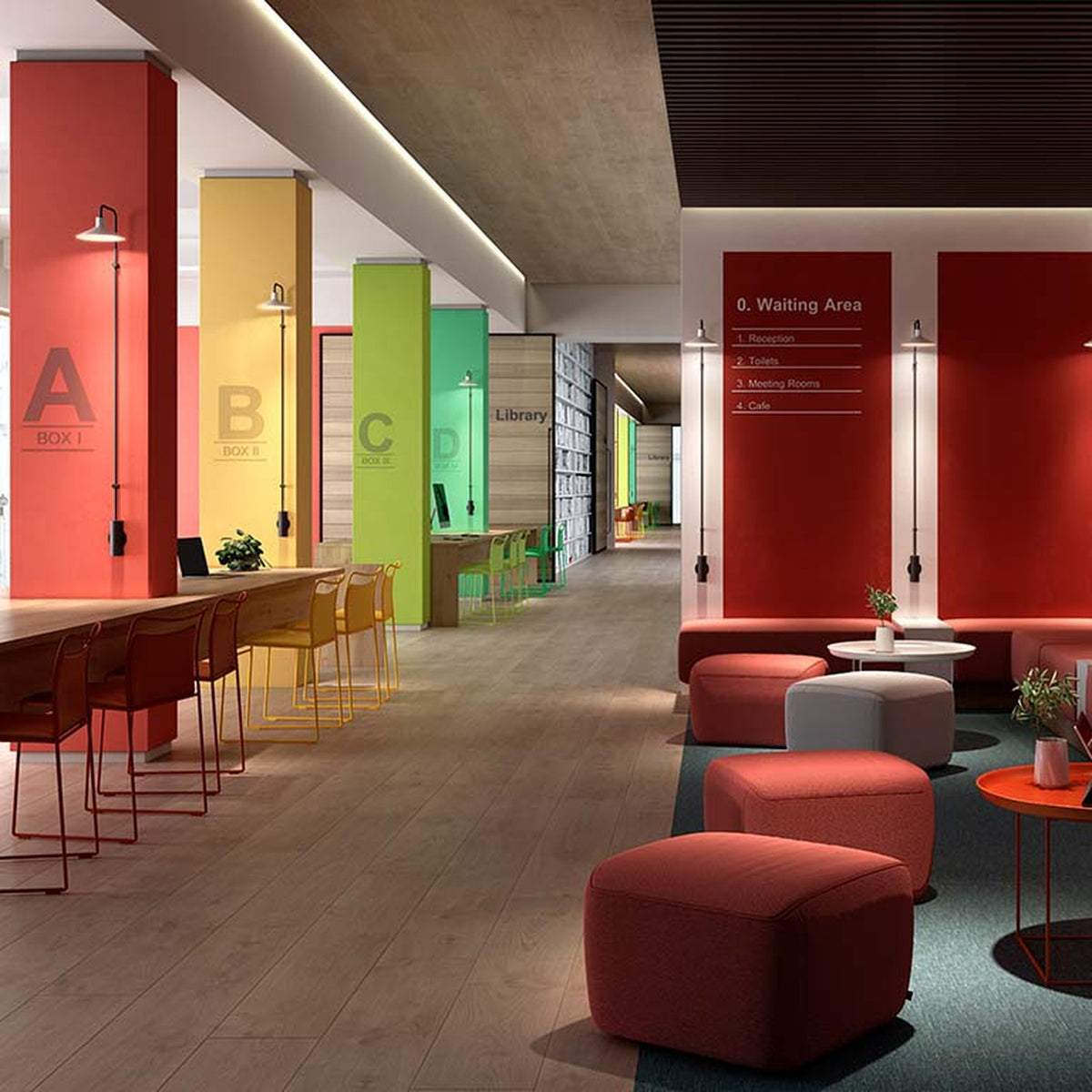 Red wall-mounted sconce with cone shade in a modern lounge setting, shown beside colourful box partitions and seating, illustrating the Platet A/06 LED wall light's curved rod design.